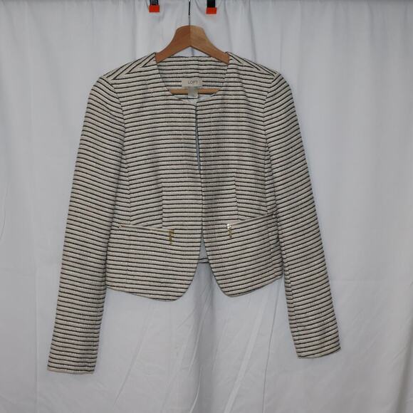 Loft Cream Jacket Black White Stripes Size XS Faux Zip Pockets Cropped - Picture 3 of 9